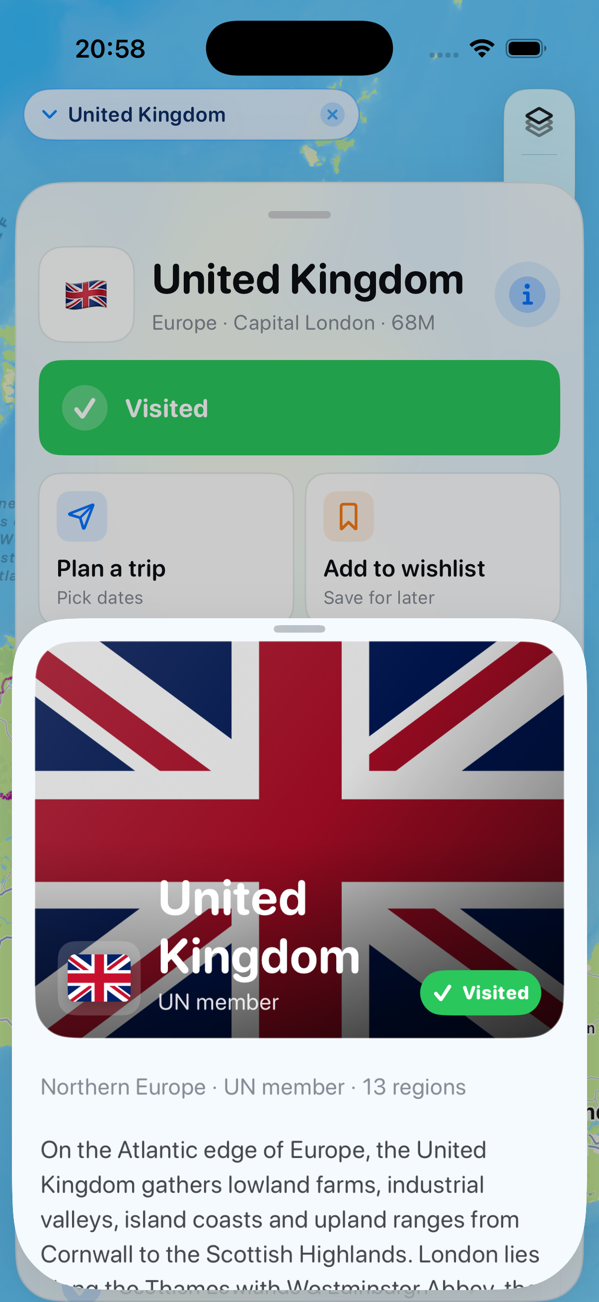 Landfall iPhone screenshot showing a United Kingdom country detail view