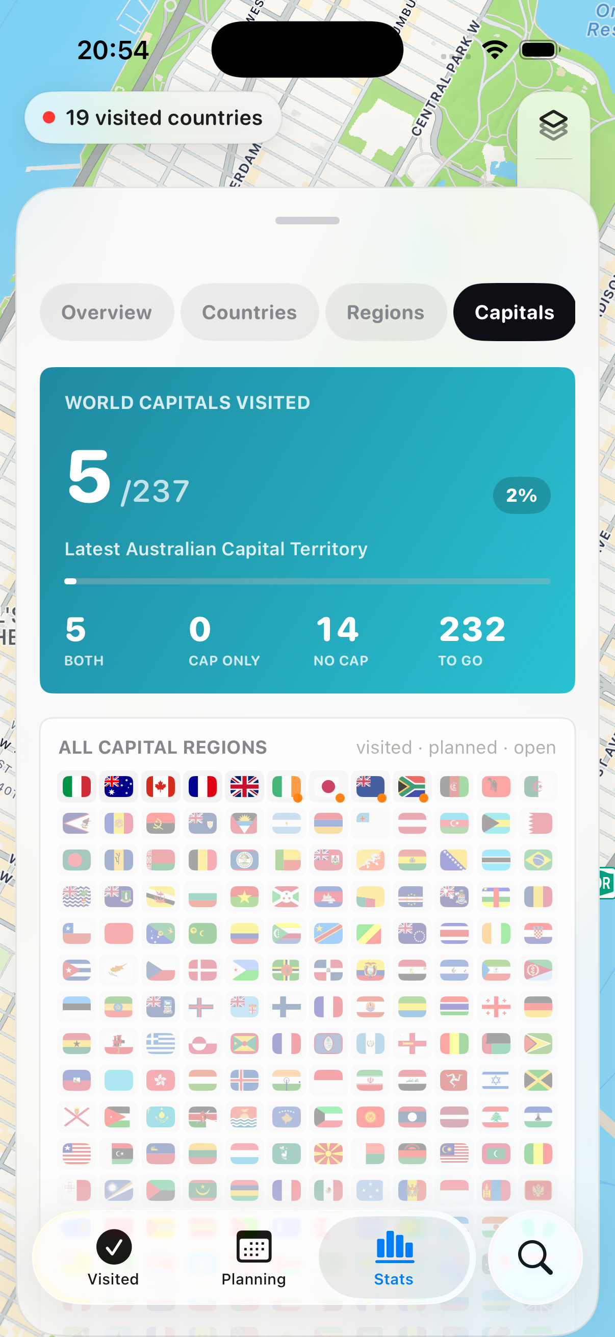 Landfall iPhone screenshot showing visited world capitals stats